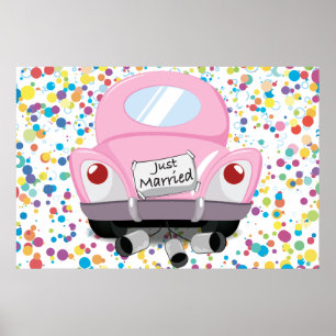 Póster recém-casados,carro+casado,carro+casamento+desenho