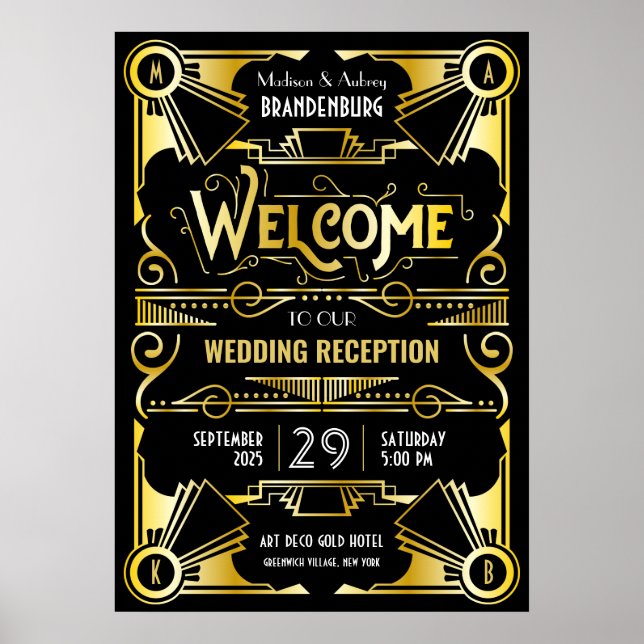 Poster Recepção de casamento Art Deco Bem-vindo Dourado e (Frente)