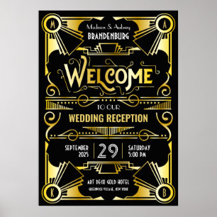 Poster Recepção de casamento Art Deco Bem-vindo Dourado e