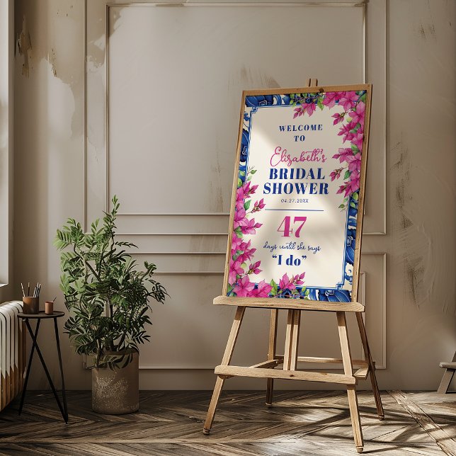 Poster Recepção de Chuveiro de Noiva com Azulejos Azuis e (Pink Bougainvillea Blue Tile Bridal Shower Welcome Poster)