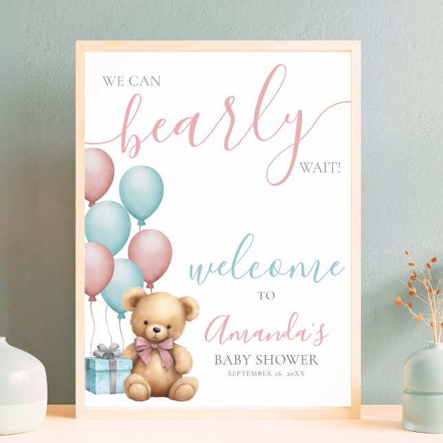 Poster Recepção do Chá de Bebê do Ursinho de Pelúcia Balã (Teddy Bear Balloon Baby Shower Welcome Poster )