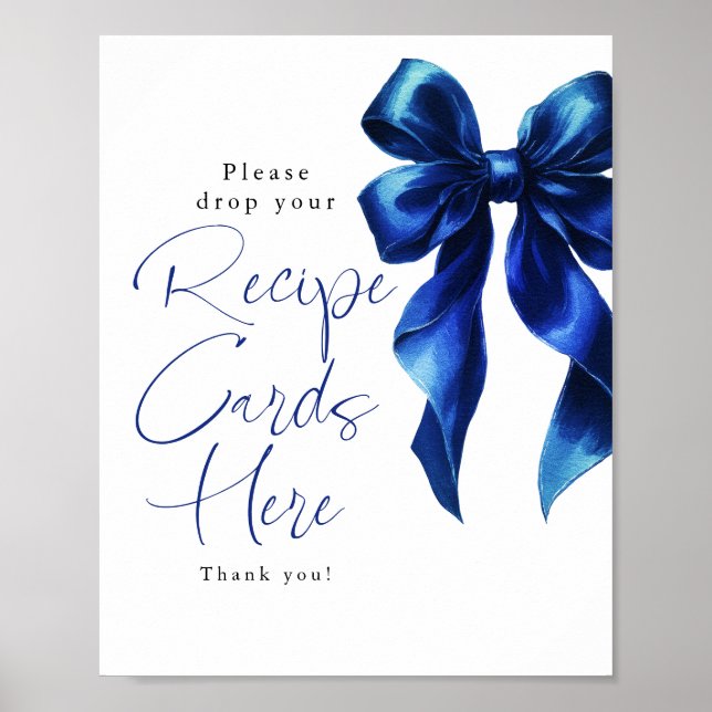 Poster Recipe Cards Navy Blue Bow Bridal Shower Sign (Frente)