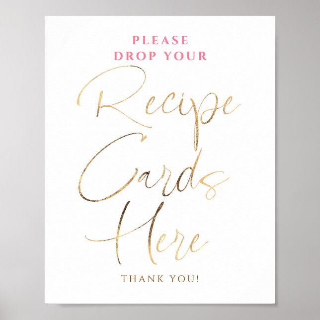 Poster Recipe Cards Pink and Gold Bridal Shower Sign (Frente)