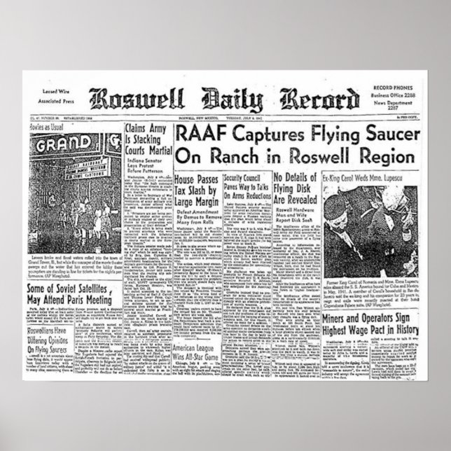 Poster Recorte de jornal do incidente de OVNI Roswell (Frente)