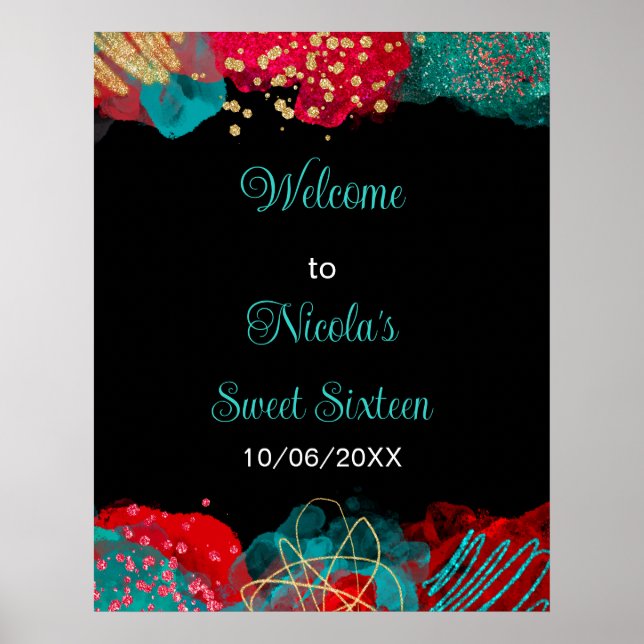 Poster Red Alcohol Ink Sweet 16 Birthday Party Welcome (Frente)