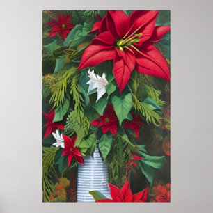 Poster Red Amaryllis e Poinsettia com Buquê de pinheiro