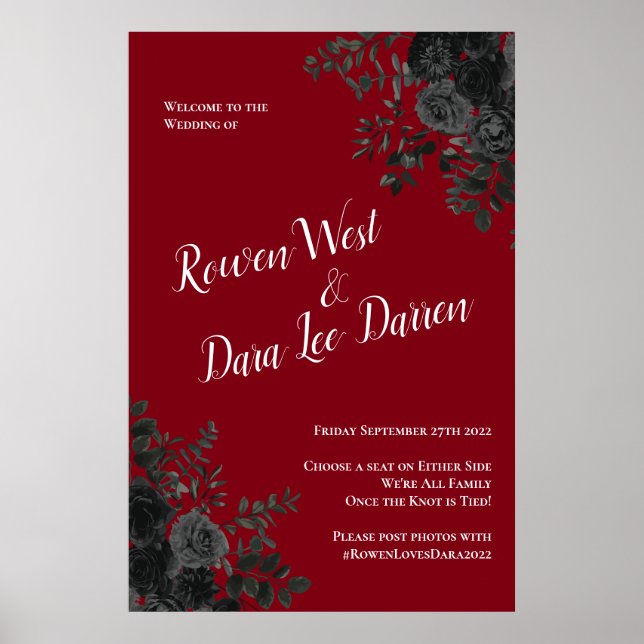 Poster Red And Black Rose Gothic Elegant Wedding (Frente)