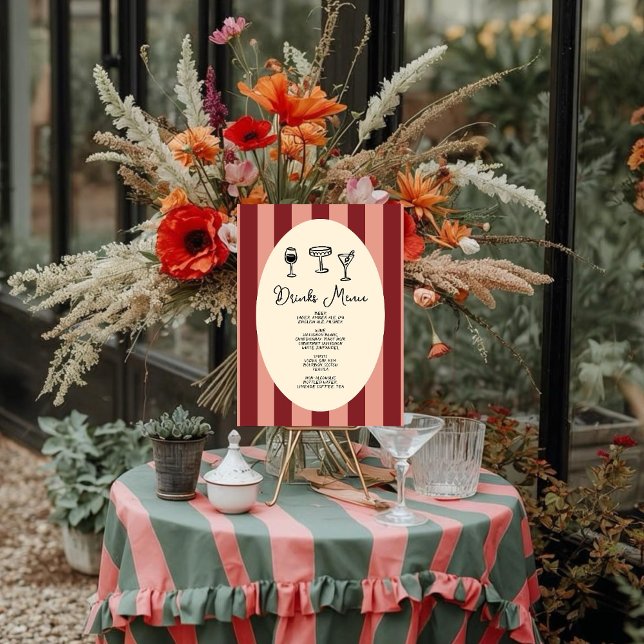 Poster Red and Blush Striped “Drinks Menu” Wedding (Criador carregado)