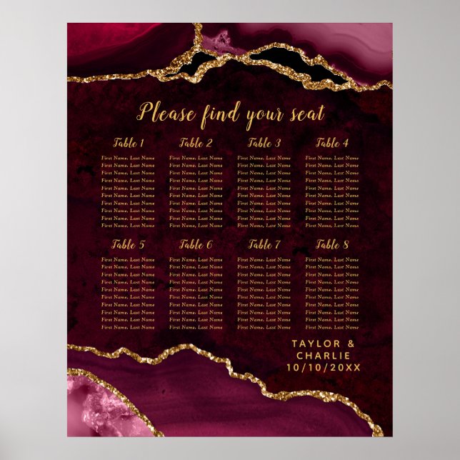 Poster Red and Gold Agate Wedding Seating Chart (Frente)
