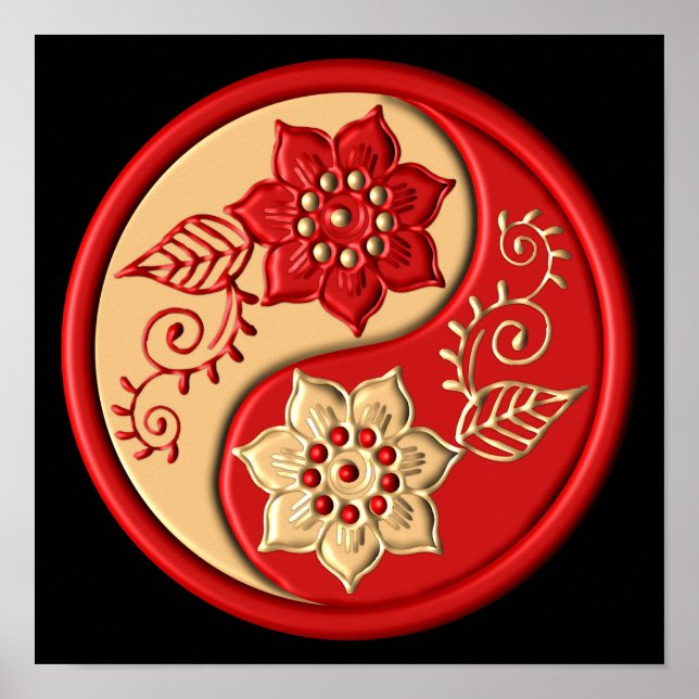 Poster Red and Gold Floral Yin Yang (Frente)