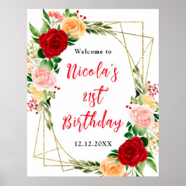 Poster Red and Orange Roses Birthday Welcome