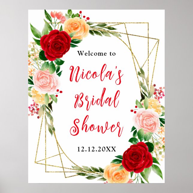 Poster Red and Orange Roses Bridal Shower Welcome (Frente)