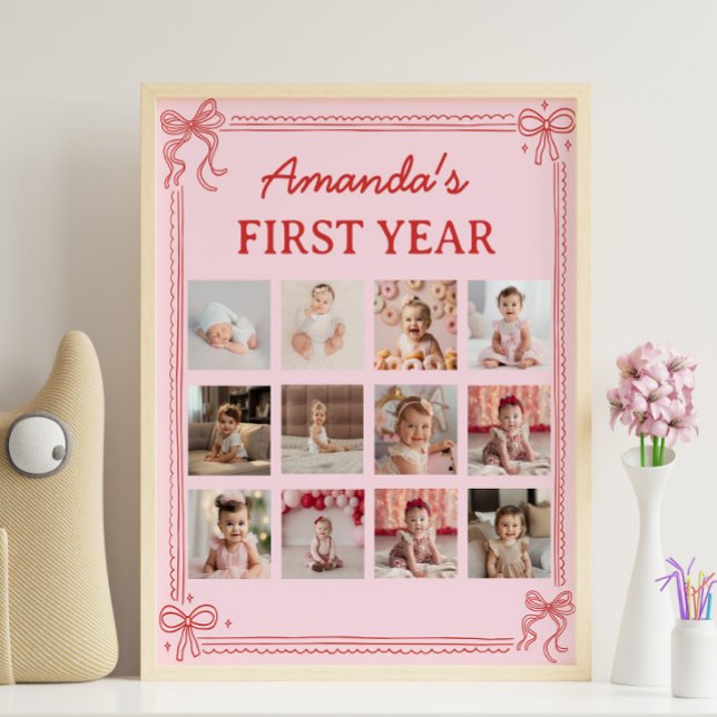 Poster Red and Pink Bow Cake Birthday Photo Milestone (Criador carregado)