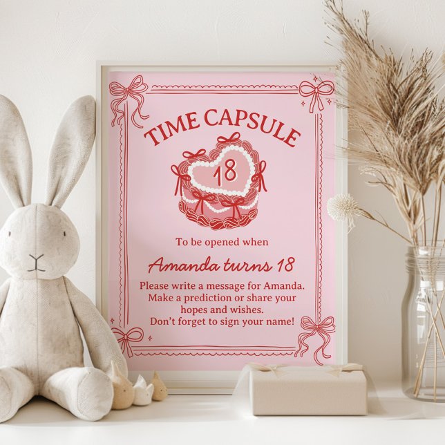 Poster Red and Pink Bow Cake Birthday Time Capsule Sign (Criador carregado)