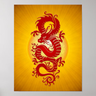 Póster Red and Yellow Burst Chinese Dragon
