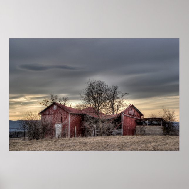 Poster Red Barn Winter Trees HDR Fotografia (Frente)