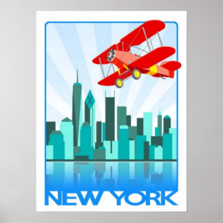 Poster Red Biplane sobre Nova York - Design