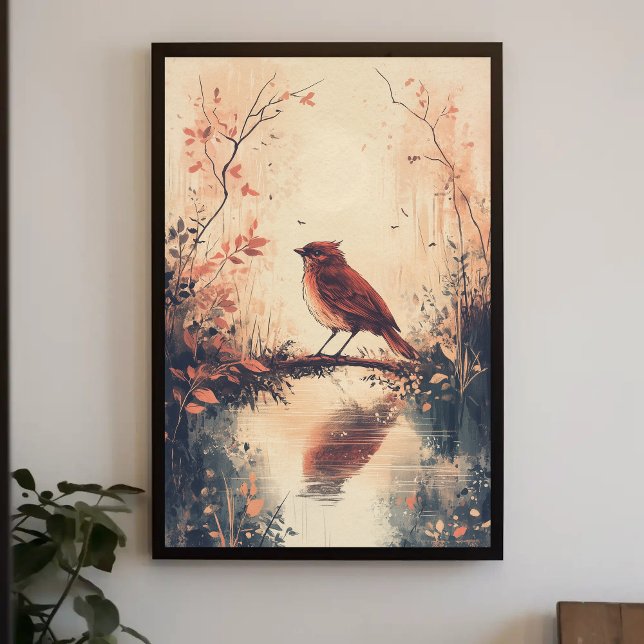 Poster Red Bird and Water Nature Animal Willife Aestheti (Criador carregado)