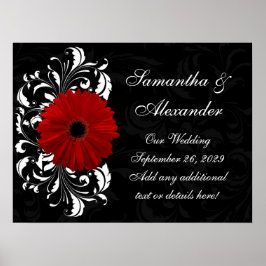 Poster Red, Black and White Scroll Gerbera Daisy