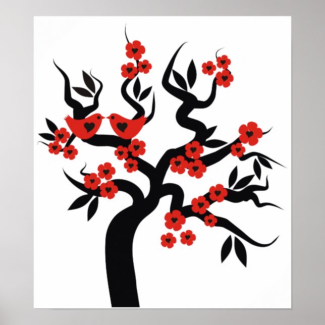 Póster Red Black Love bird sakura cherry tree & Blossoms (Frente)
