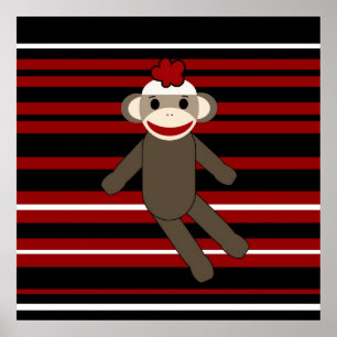 Póster Red Black White Sock Monkey Girl Sentada