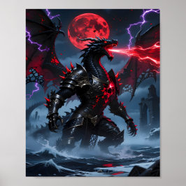 Poster Red Blood Moon Armored Black Dragon Fantasy