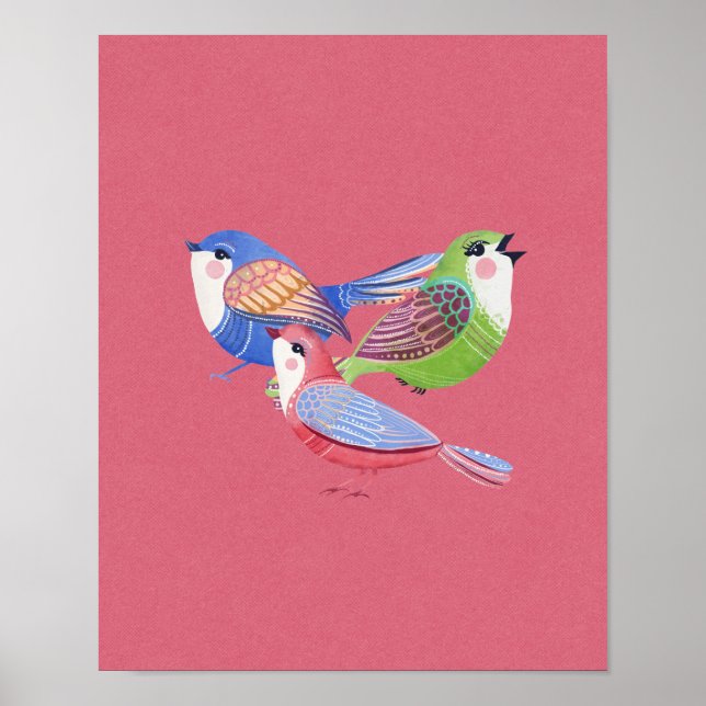 Poster Red Blue Green Birds Folk Art Wall Art (Frente)