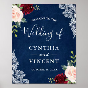 Poster Red Blush Floral Navy Blue Wedding Welcome Sign