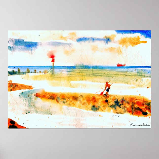Poster Red Boat na arte de aquarela Norfolk (Frente)