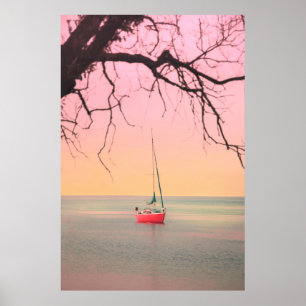 POSTER RED BOAT ON BEACH DURING SUNSET