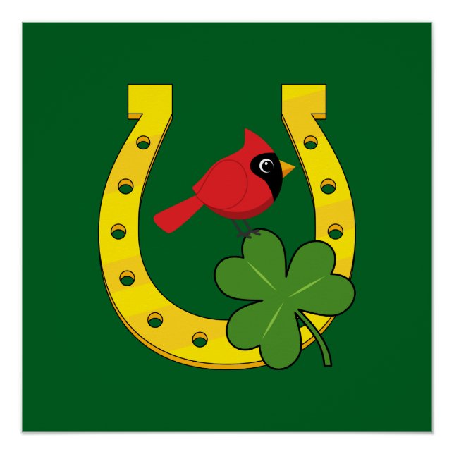Póster Red Cardinal in Golden Horseshoe with Shamrock (Frente)