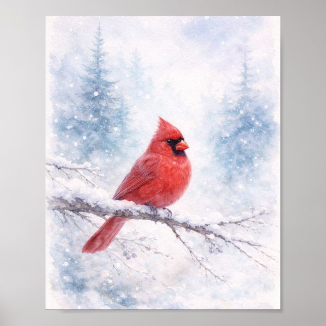 Poster Red Cardinal Winter Watercolor Art Print  (Frente)