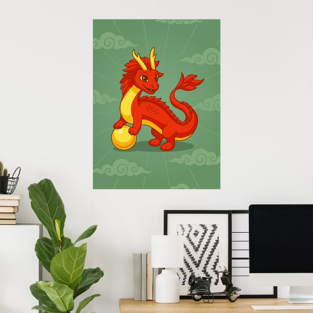 Poster Red Chinese Dragon on Green (Escritório em casa)