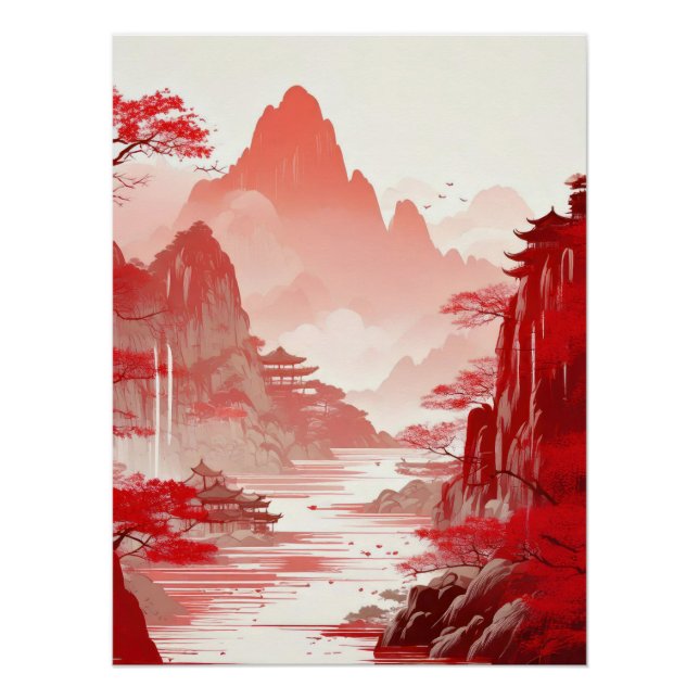 Póster Red Chinese Landscape Painting - Serene Mountains (Frente)