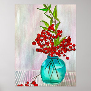 Poster Red Christmas Berries aquarela arte