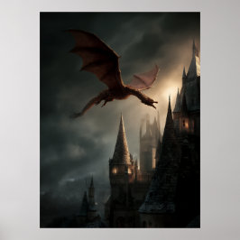 Poster Red Dragon Over Gothic Castle