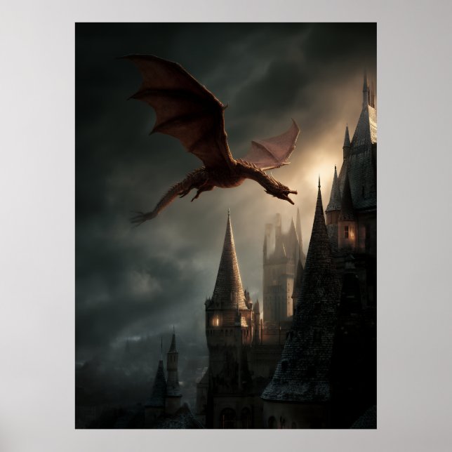 Poster Red Dragon Over Gothic Castle (Frente)