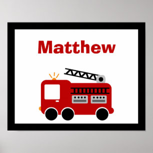 Poster Red Fire Truck Personalizado Name Wall Art