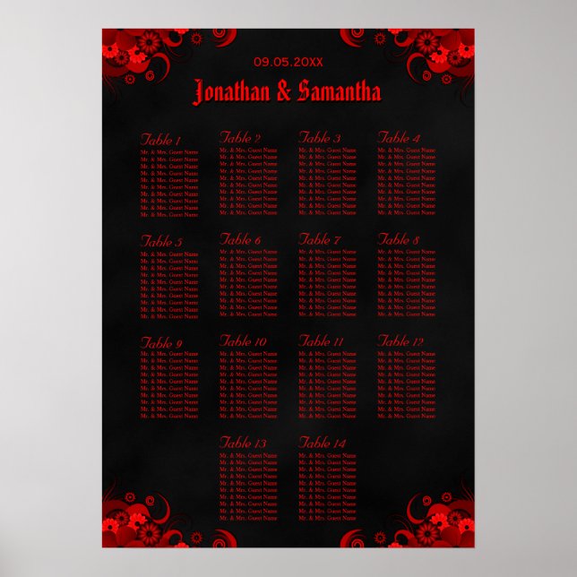 Poster Red Floral & Black 14 Mesas de Casamento (Frente)