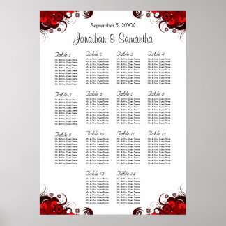 Póster Red Floral & White 14 Gráfico de Assentos de Mesa