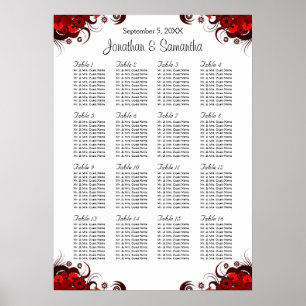 Póster Red Floral & White 16 Wedding Tables Seating Chart