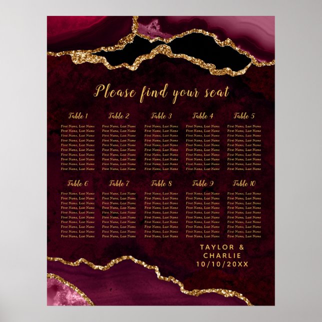 Poster Red Gold Agate Wedding Seating Chart 10 Table (Frente)