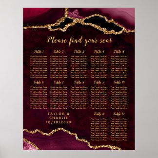 Poster Red Gold Agate Wedding Seating Chart 12 Table