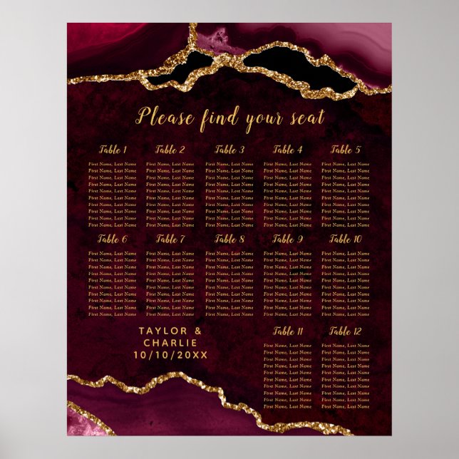 Poster Red Gold Agate Wedding Seating Chart 12 Table (Frente)