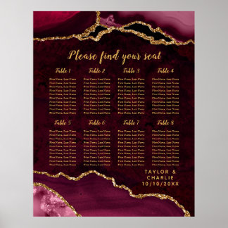 Poster Red Gold Agate Wedding Seating Chart 8 Table