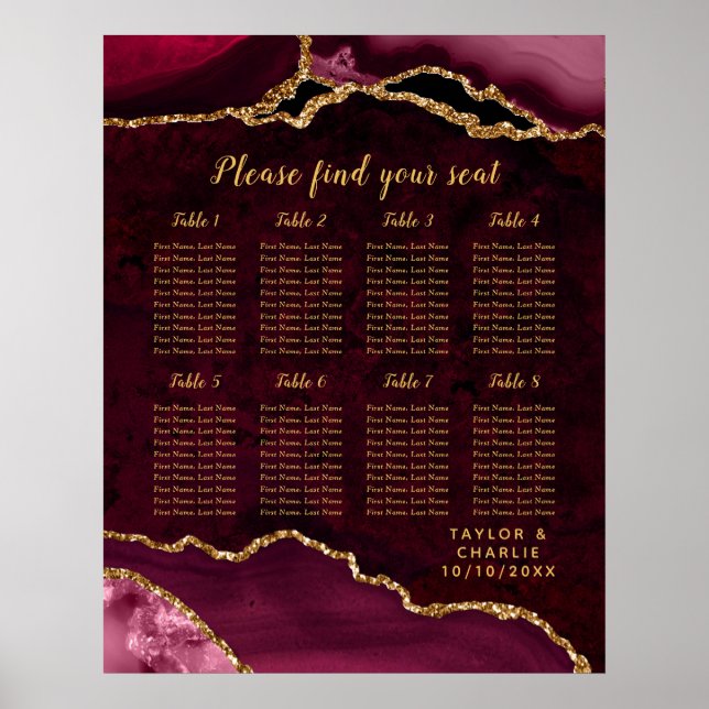 Poster Red Gold Agate Wedding Seating Chart 8 Table (Frente)