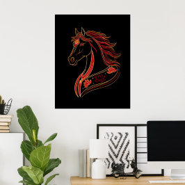 Poster Red & Gold Horse with Lotus, Spiritual Symbolic