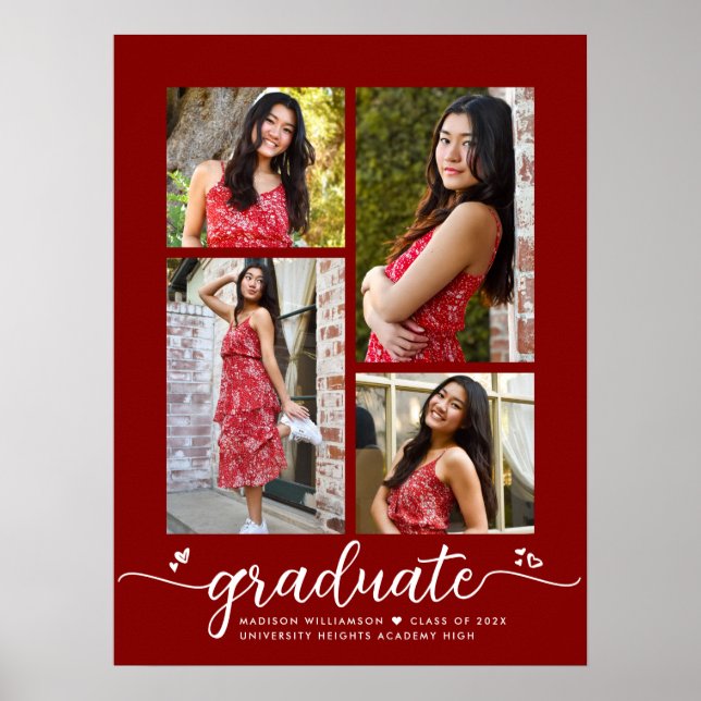 Poster Red Graduation 4 Photo Script Heart Modern Girly (Frente)