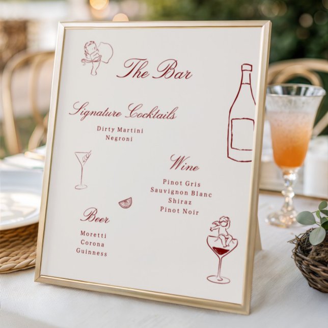 Poster Red Illustrated Whimsical Wedding Bar Menu (Criador carregado)
