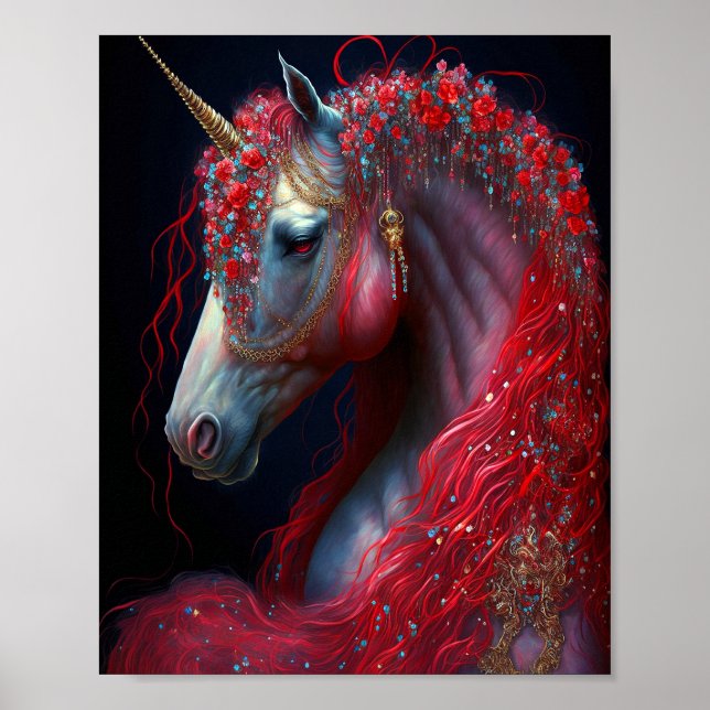Poster Red Jeweled Unicorn Fantasy Art (Frente)